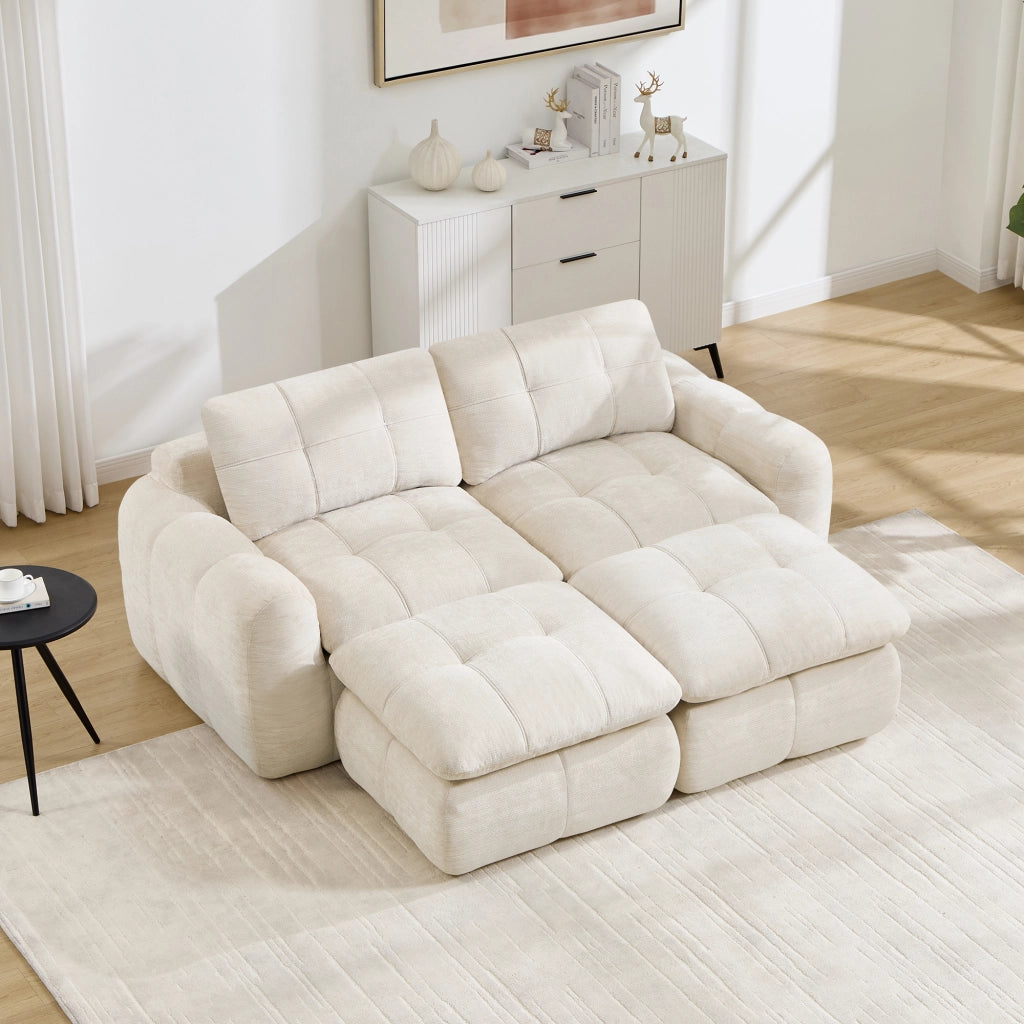 Divano modulare 2 posti in ciniglia senza struttura con seduta ampia e profonda 2 pouf montaggio non richiesto beige