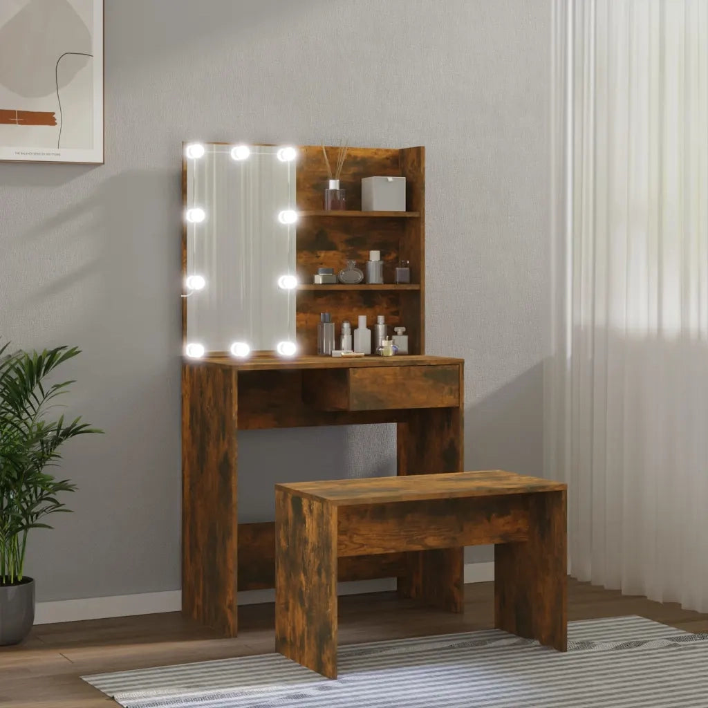 Set Tavolo da Toeletta con LED Rovere Fumo in Legno Multistrato cod mxl 65356