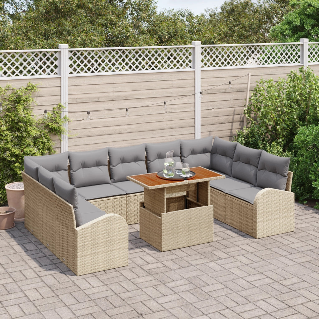 Set da Pranzo da Giardino da 10 Pezzi con Cuscini Rattan Beige in Polyrattan Acacia