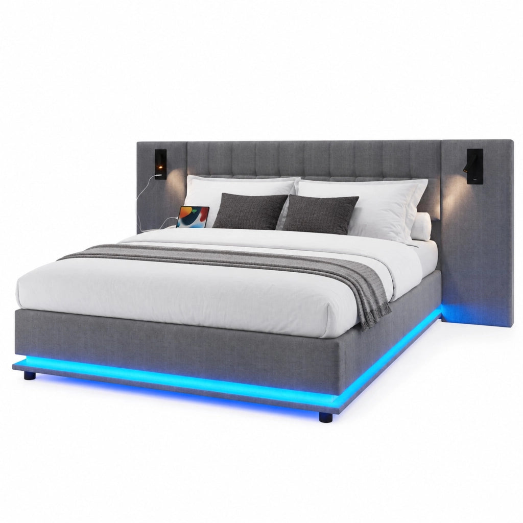 Letto imbottito con LED, USB e luce spot, 180 x 200 cm, grigio