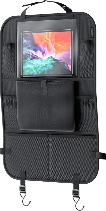 Organizzatore auto per sedile posteriore per bambini nero [IMPERMEABILE] - Protezione per schienale per bambini - Compatibile con tutti i modelli - Organizzatore per sedile auto - Protezione per schienale - Ripiano per tablet