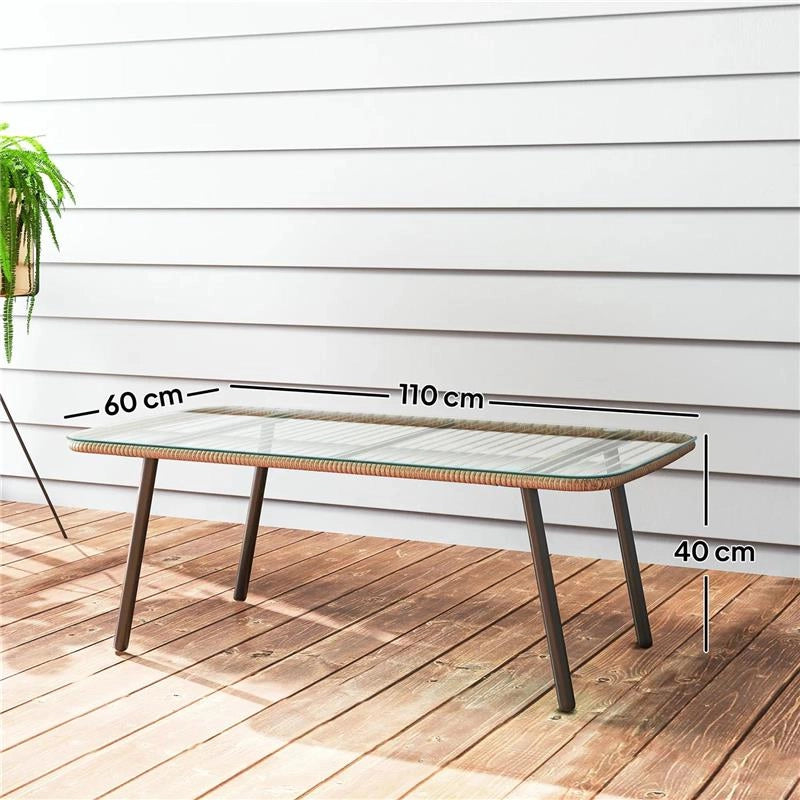 TAVOLINO DA GIARDINO IN RATTAN PE CON PIANO IN VETRO E ACCIAIO 110X60X40 CM LEGNO NATURALE