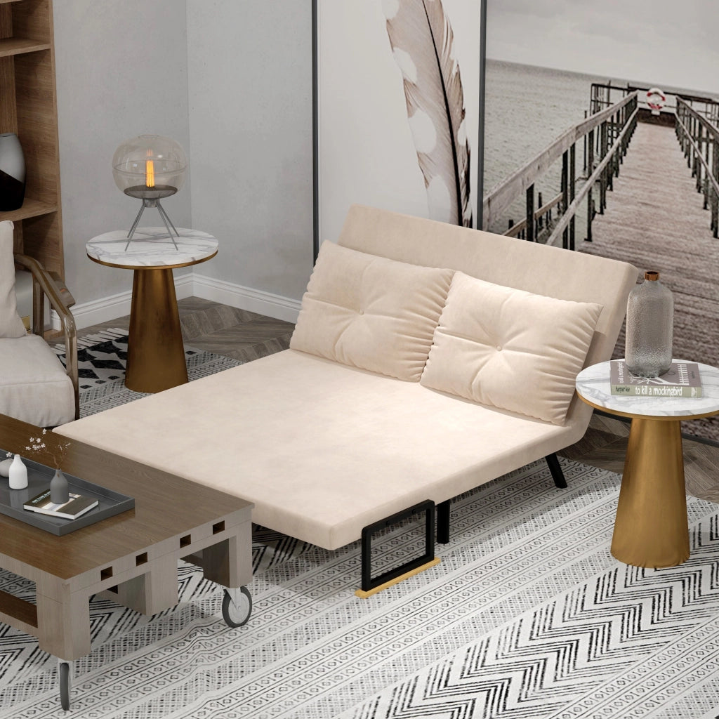 Fauteuil convertible con schienale reclinabile a 5 posizioni e cuscino, in poliestere beige per piccoli spazi