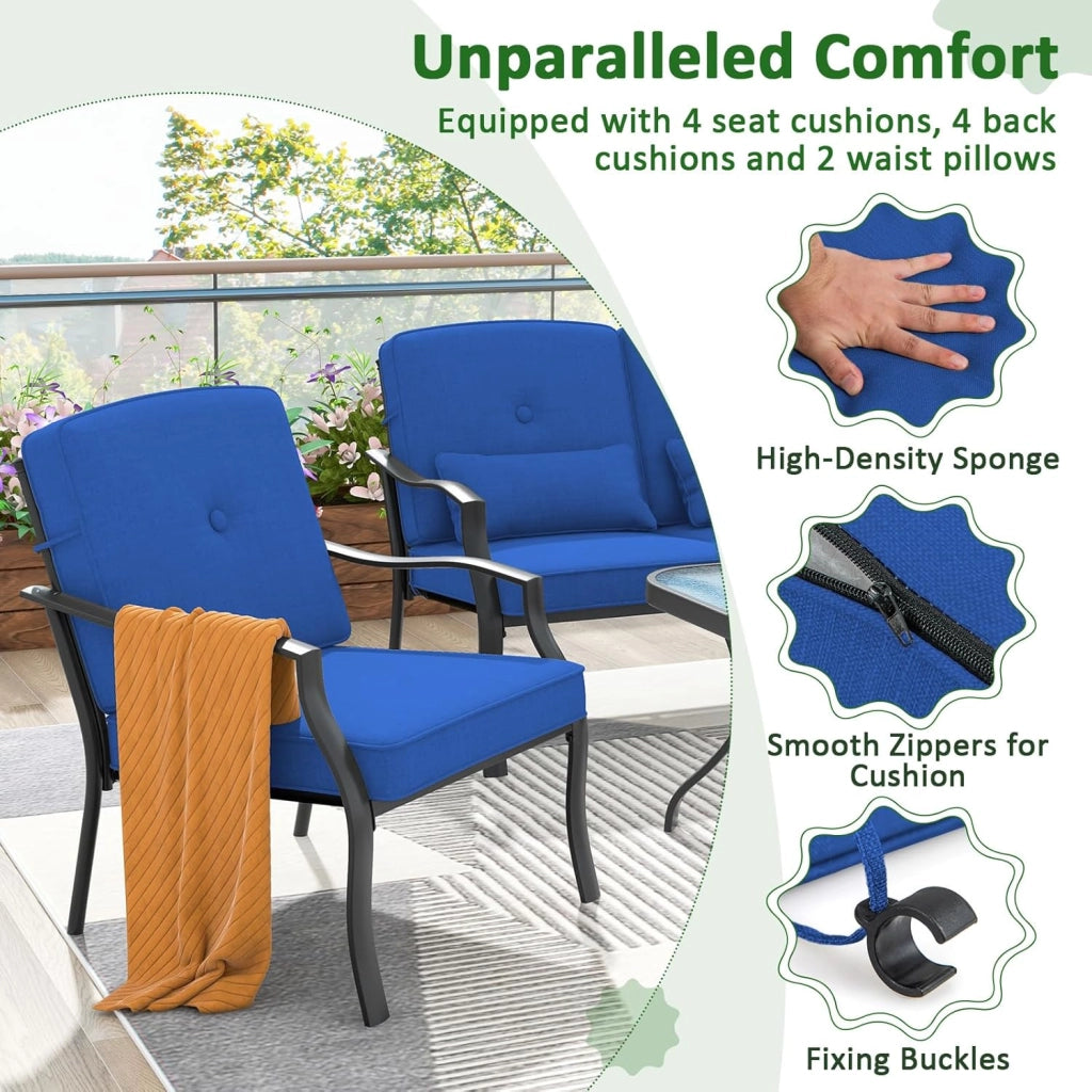 Soggiorno da giardino esterno per 4 persone, mobili da giardino con 1 divano a 2 posti, 2 poltrone, tavolino in vetro temperato, cuscini, tavolo e sedia esterna per terrazza, patio (blu)