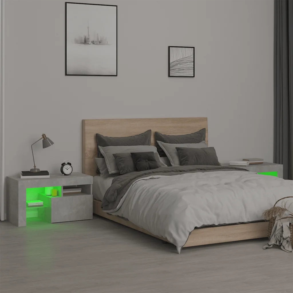 Comodini 2 pz con Luci a LED Grigi Cemento 70x36,5x40 cm 3152773