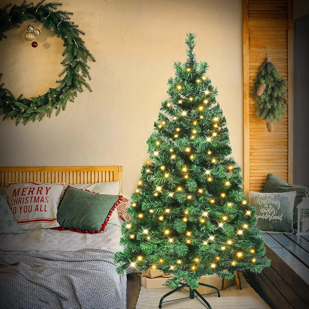 Albero di Natale artificiale con illuminazione, 210 cm, in PVC, albero di Natale artificiale, con 350 LED e supporto, decorazione natalizia, verde