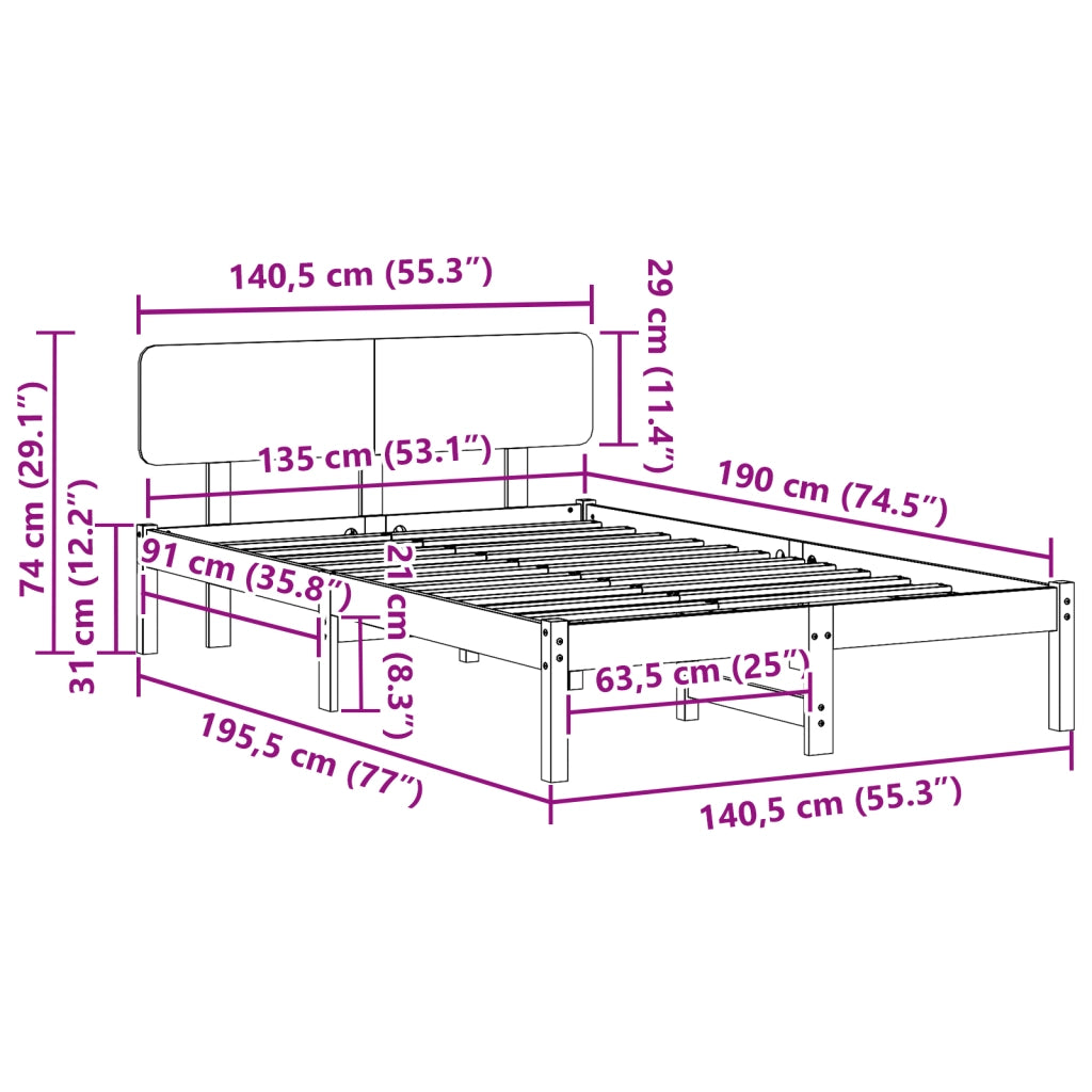 Struttura letto con testiera 135x190 cm in legno massello di pino
