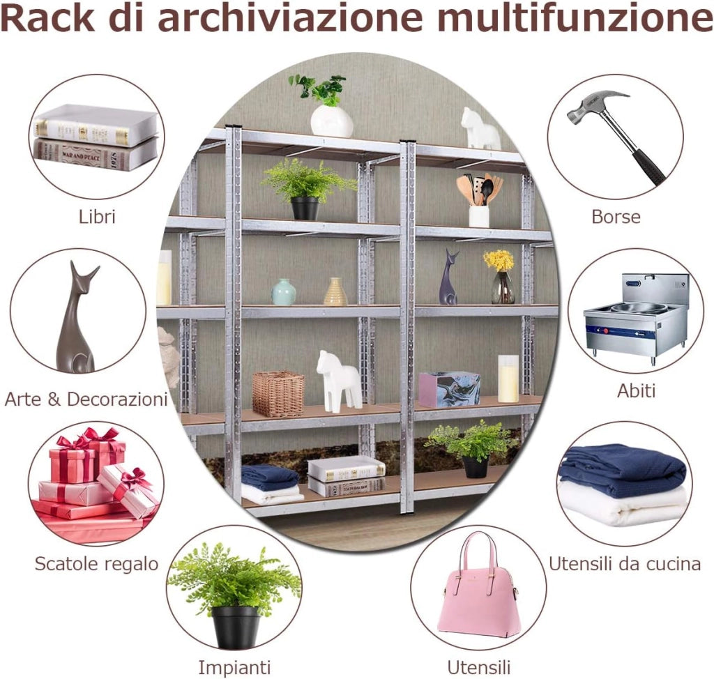Scaffale per Garage, Scaffalatura a 5 Ripiani, Capacità 175kg Ogni Ripiano, Struttura Acciaio Resistente, 180x90x40cm