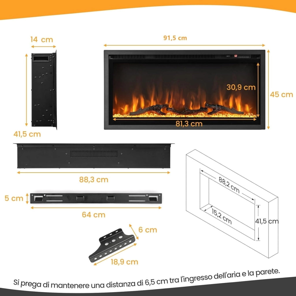 Camino Elettrico da 91,5cm da Incasso a Parete, Caminetto Elettrico da 750W/1500W con Telecomando, Termostato, Protezione da Surriscaldamento, 91,5 x 14,5 x 45 cm