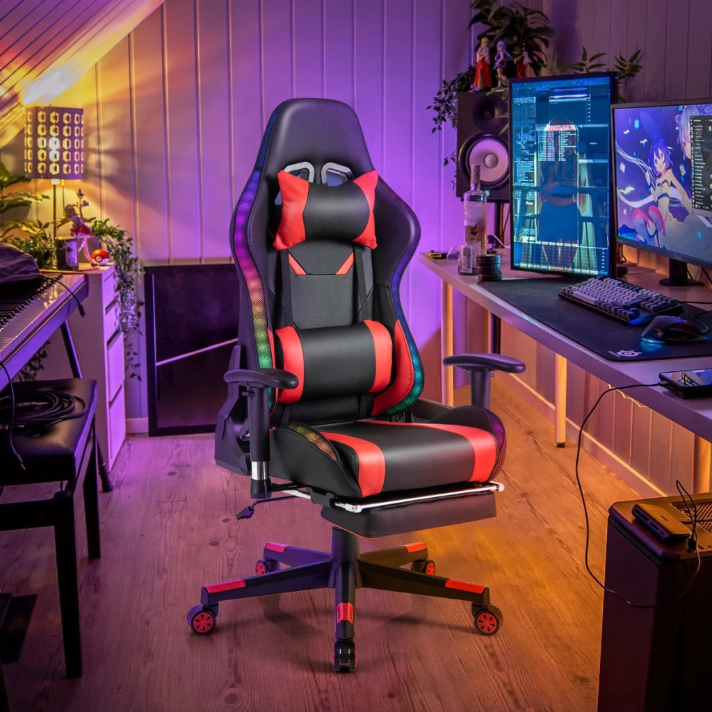 Sedia da gioco con luci RGB LED altezza regolabile poggiapiedi estraibile, Sedia da ufficio ergonomica Rosso-Sedie gaming