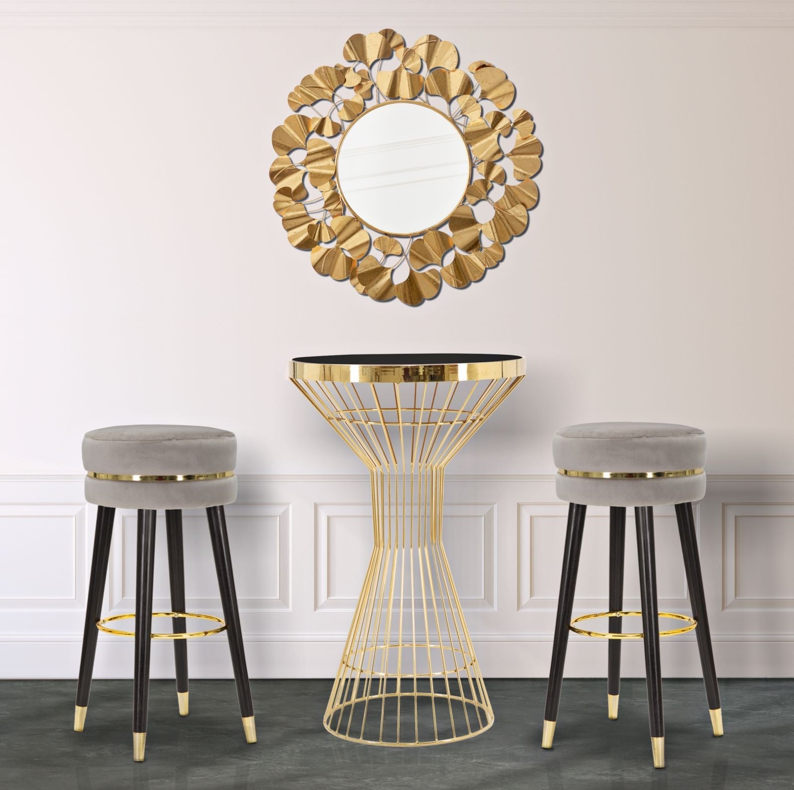 Sgabello Bar Paris Ø35x74 cm in Legno e Tessuto Vellutato Grigio