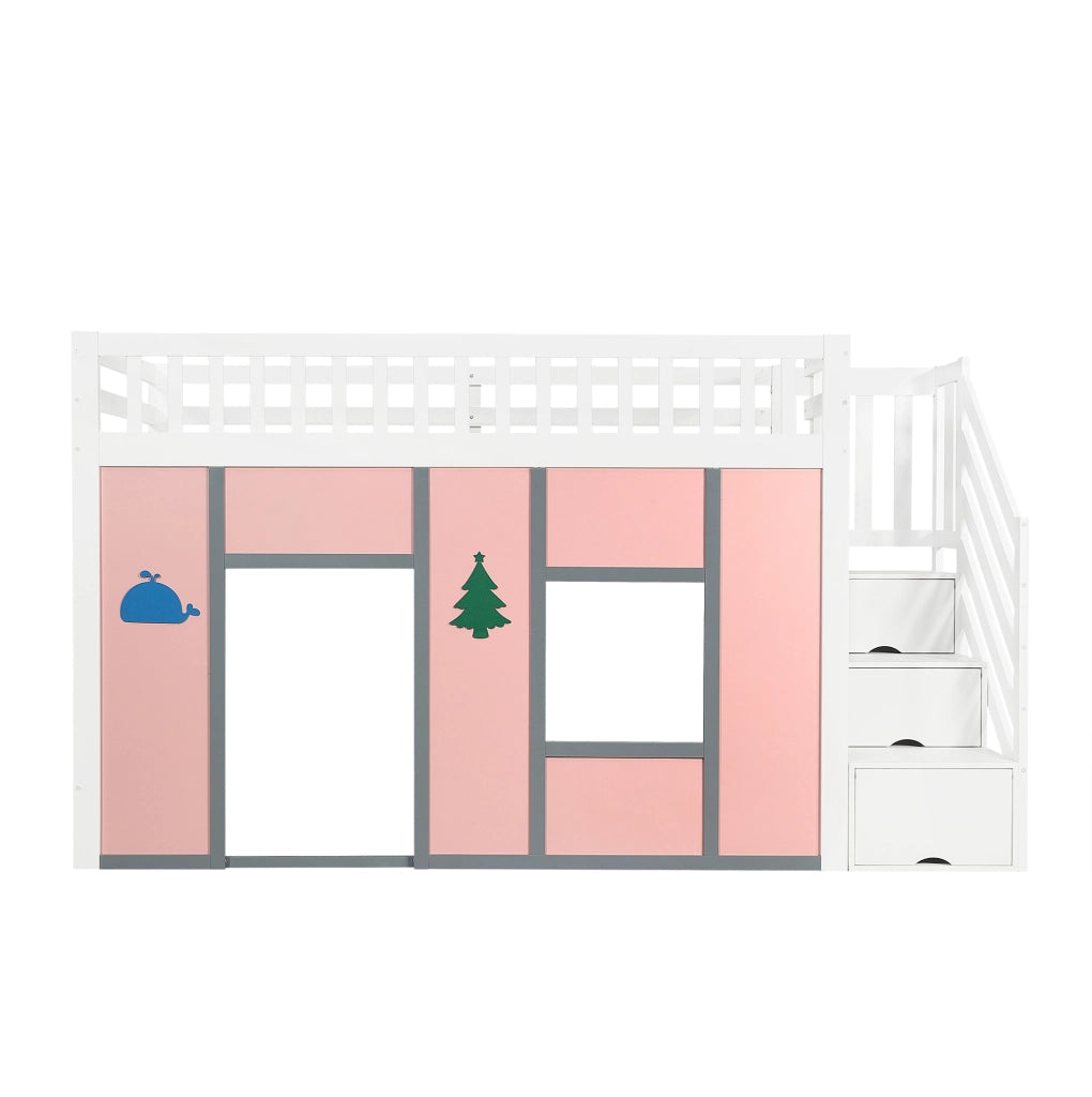 Letto a semisoppalco 90x200 cm con scala contenitore e LED in legno e MDF bianco e rosa