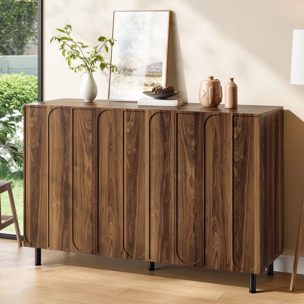 Credenza con 3 ante e ripiani regolabili in MDF e PB, frontale a rilievo ad arco, color noce 120 × 37 × 80 cm