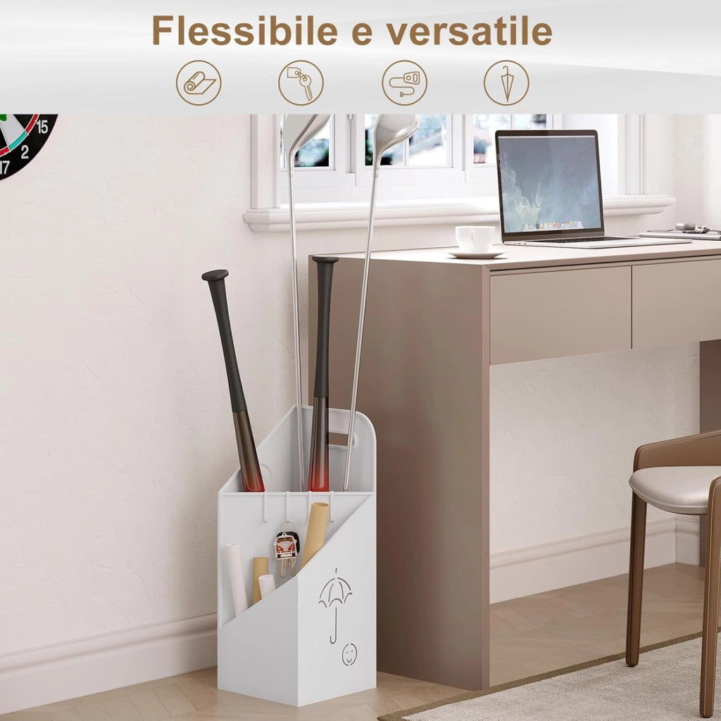 Portaombrelli con 4 Ganci e 2 Aree Separate, in Metallo Antiruggine, con Design a Conca e Sorriso, per Corridoio, Ingresso, Bianco