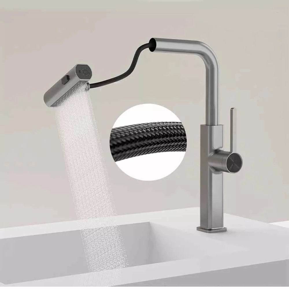 Trade Shop - Rubinetto Cucina Estraibile Erogatore Girevole 2 Getti Cromato Miscelatore 87255 -