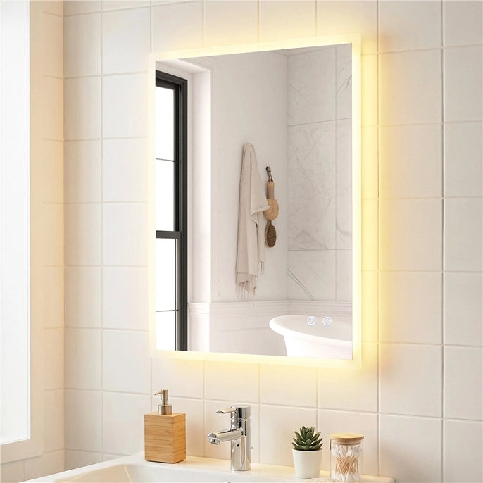 Specchio led bagno parete rettangolare anti-appannamento memoria 3 colori dimmerazione, Specchio vetro temperato infrangibile 70 x 50 cm