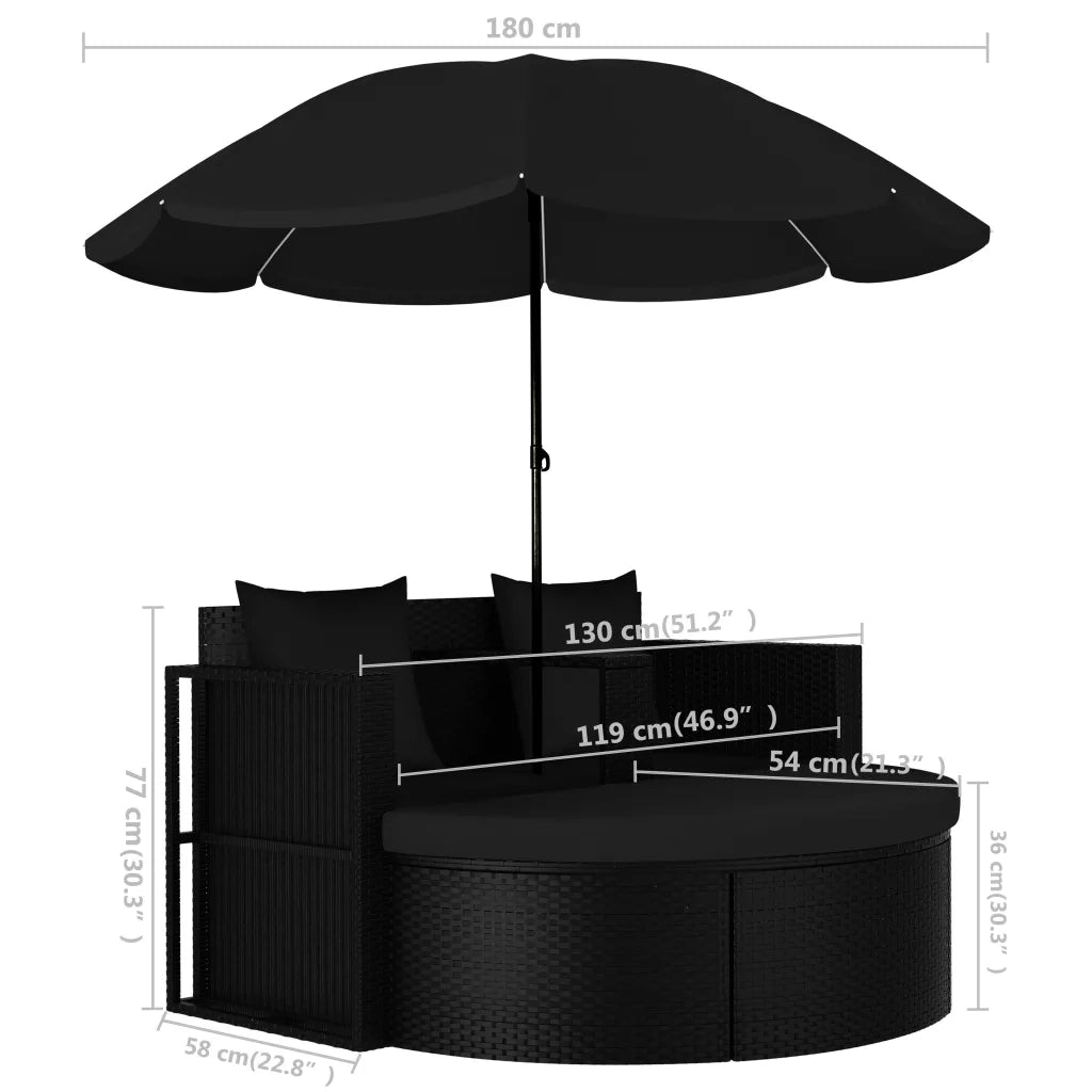 Lettino da Giardino con Ombrellone in Polyrattan Nero 47398