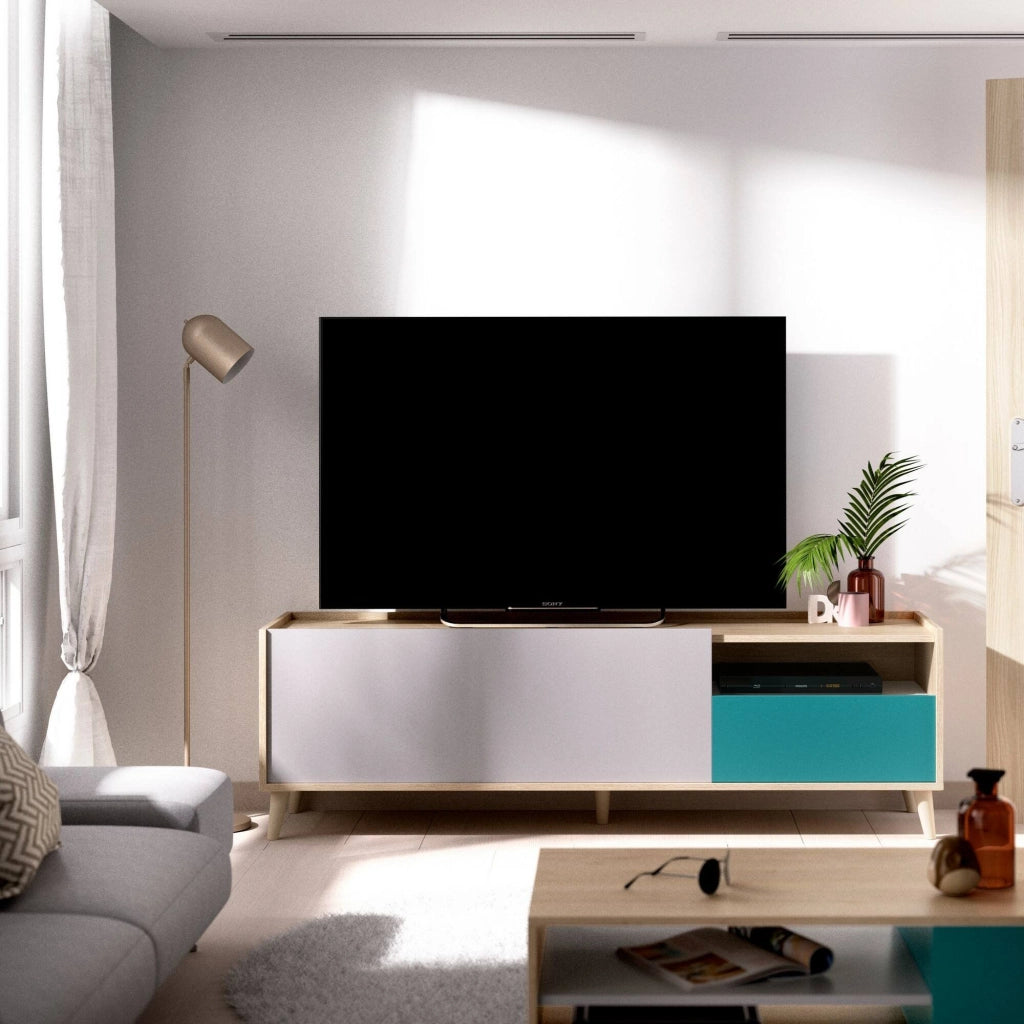 Mobile porta TV Axterix, Credenza bassa da soggiorno, Madia da salotto per televisione, 155x43h47 cm, Rovere e Bianco