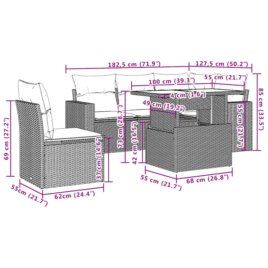 Set Divani da Giardino 6 pz con Cuscini Marrone in Polyrattan 3267284