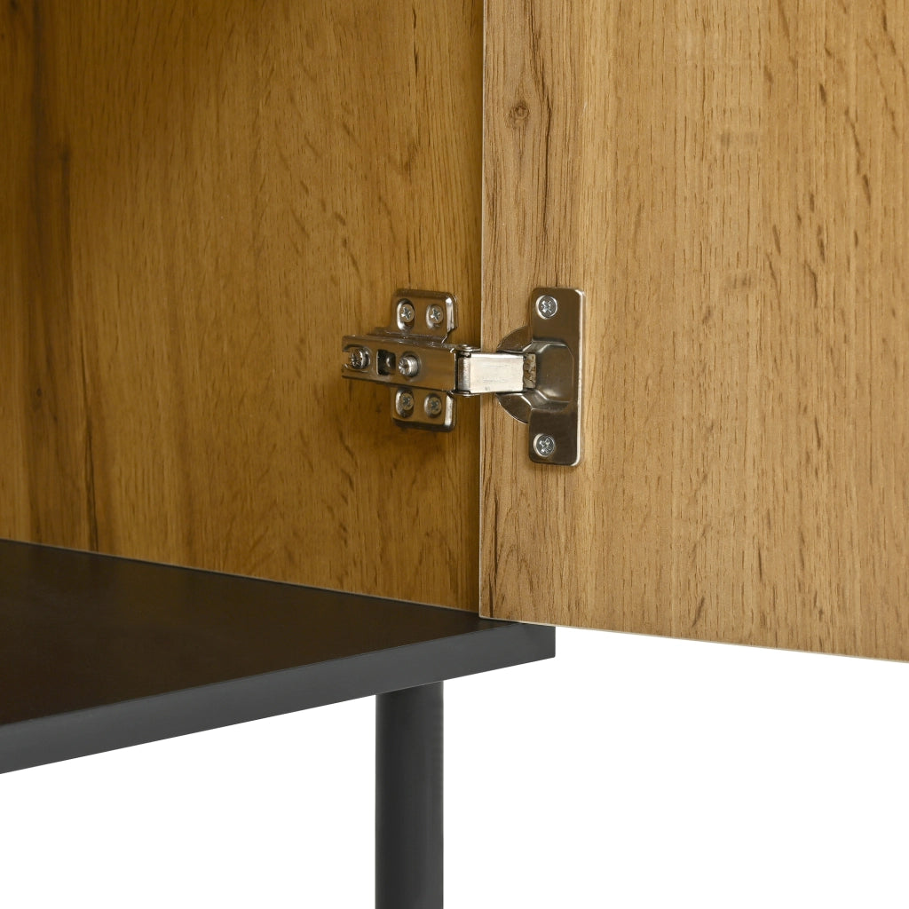 Credenza a 2 ante con ripiano fisso, effetto mosaico, per soggiorno, in truciolato, naturale e nero, 160 × 35 × 80,5 cm