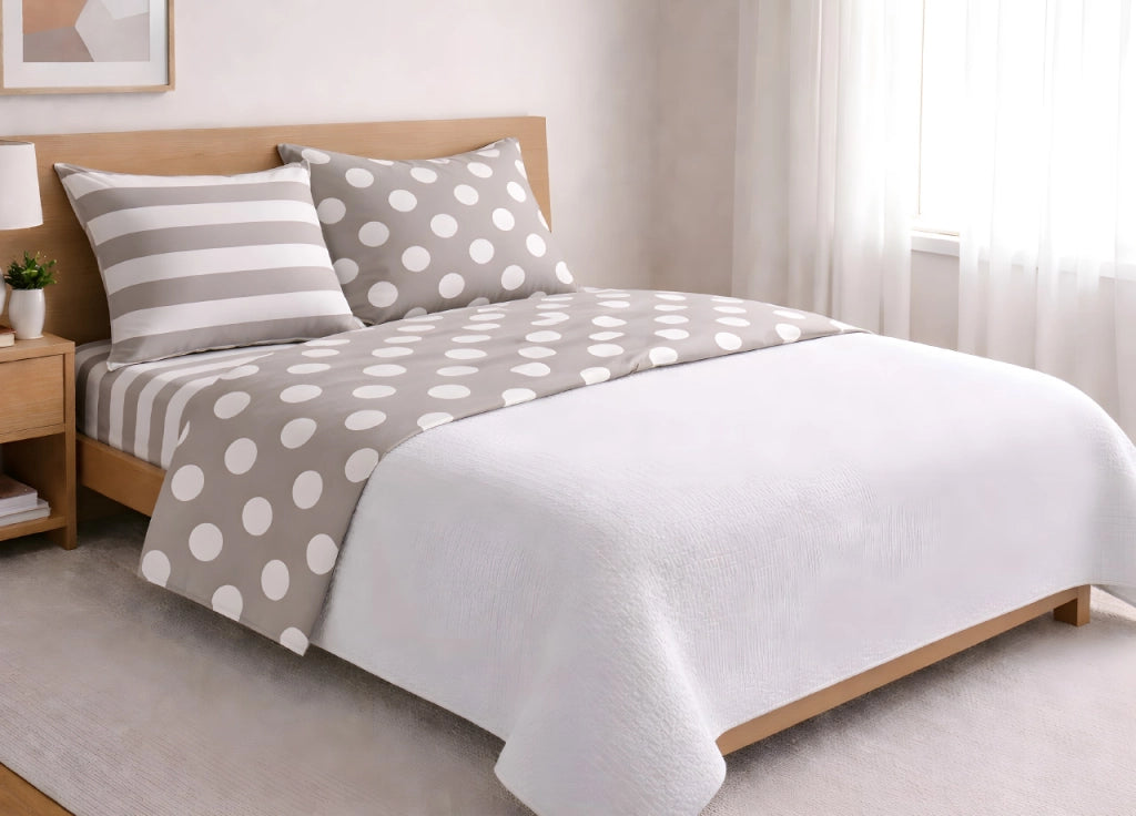 Completo Lenzuola Letto In 100% Cotone Made Italy Disegno Pois - Maxi - Beige