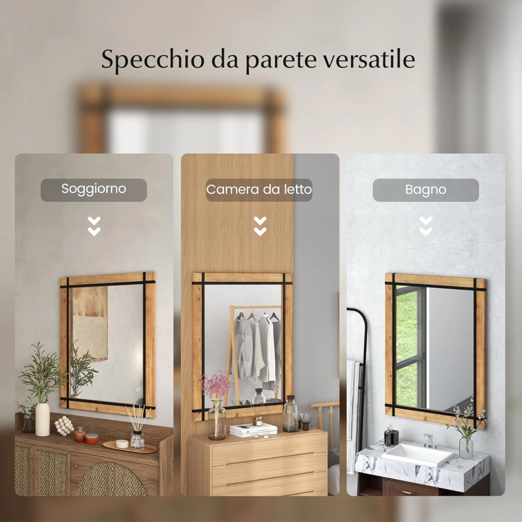 Specchio da Parete 77 x 100 CM, Specchio Rettangolare con Cornice in Legno di Abete, Specchio da Parete per Bagno Ingresso e Camera da Letto