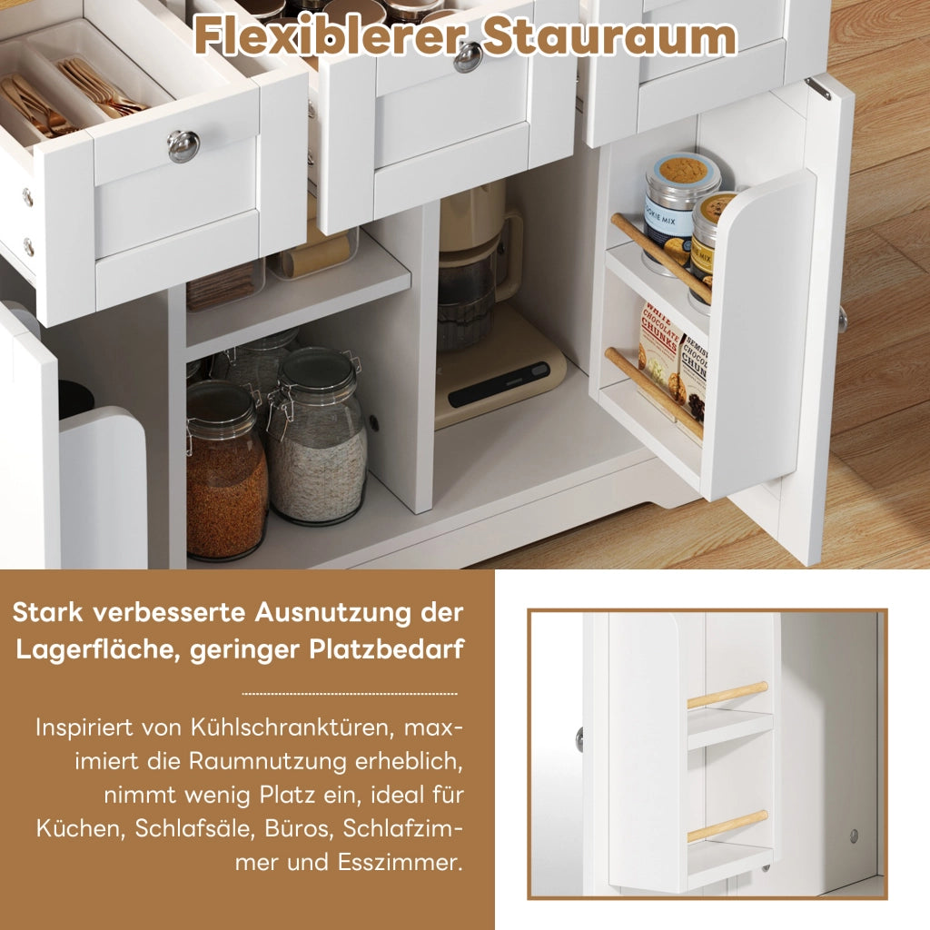 Isola cucina mobile con piano pieghevole e presa USB, 132 cm