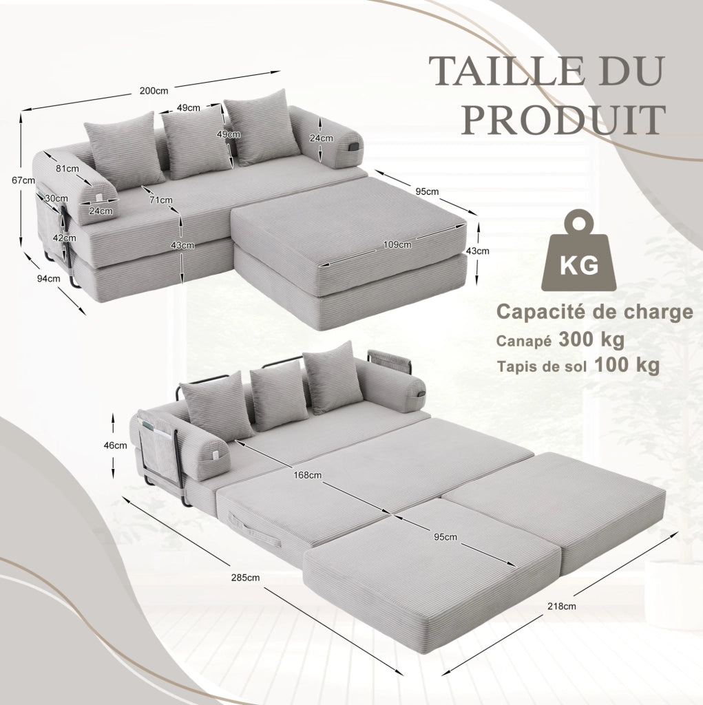 Sof脿 modulare in corduroy con pouf 200x190x67 cm; grigio chiaro