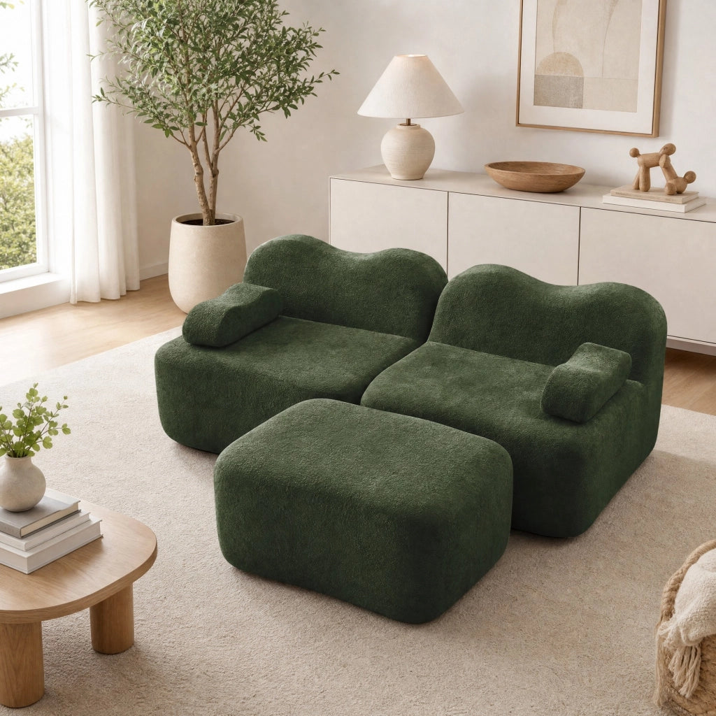 Divano angolare modulare 2-4 posti in velluto verde con pouf HOMVRA