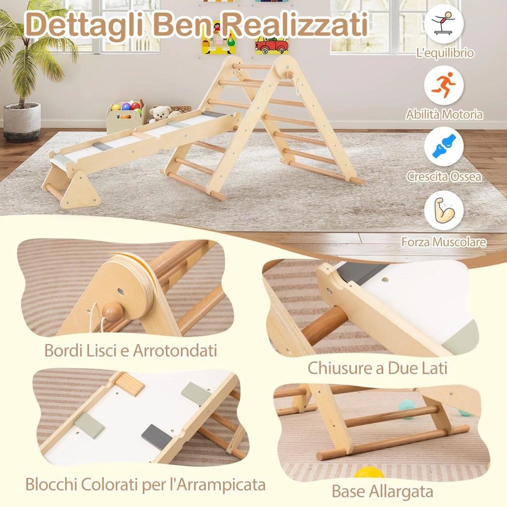 Set di Arrampicata per Bambini 3 in 1, Arrampicata in Legno Pieghevole con Rampetta a Doppia Faccia e Triangolo di Arrampicata Regolabile, Triangolo Montessoriana per Bambini 3+ Anni