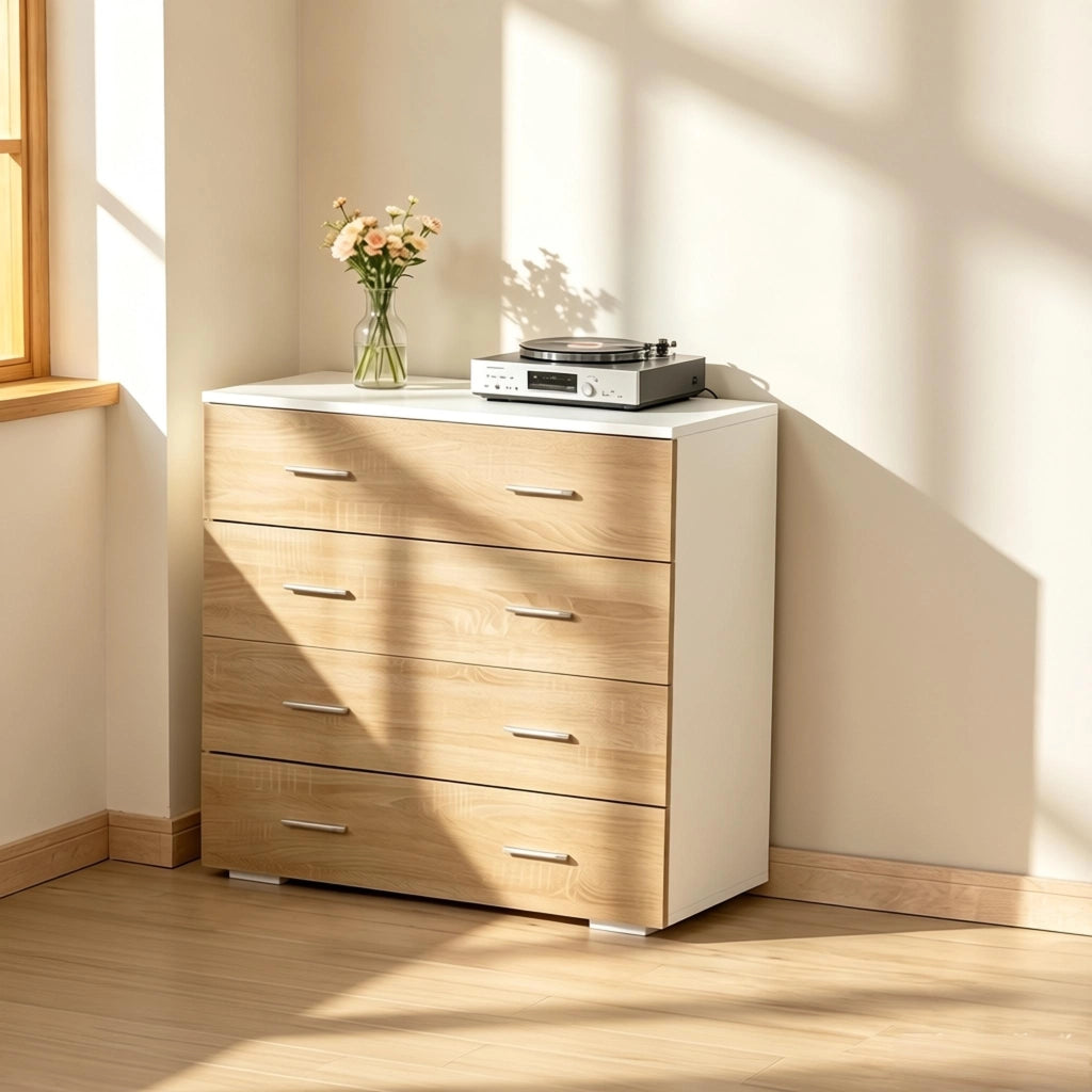 Comò con 4 cassetti e maniglie in metallo, per camera da letto e soggiorno, bianco e legno, 76 × 35 × 72 cm