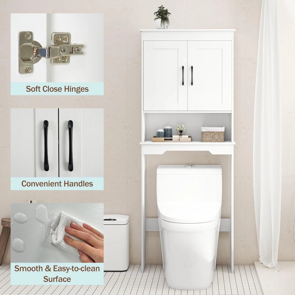Armadietto per WC con doppia ante, ripiano aperto e ripiano interno regolabile in 5 livelli, armadietto da bagno sopra la toilette, per bagno e lavanderia, 63 x 24 x 168 cm