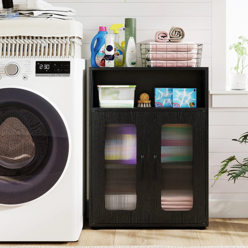 Mobiletto da bagno autoportante con 2 ante ripiano regolabile a 3 livelli scomparto aperto-Mobili da Bagno Organizer per bagno design anti Nero