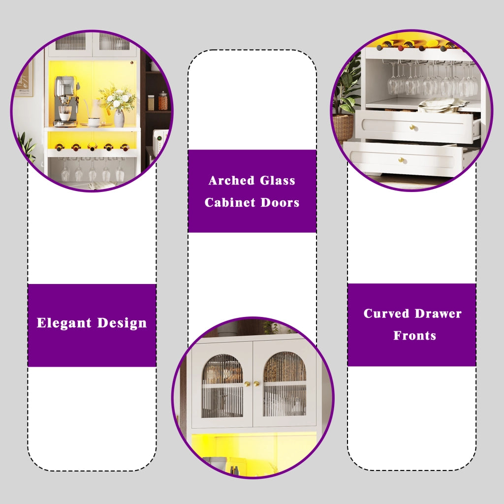 Credenza alta con ante in vetro curve, LED e ripiani regolabili, per cucina e soggiorno, bianco, 70 × 40 × 180 cm