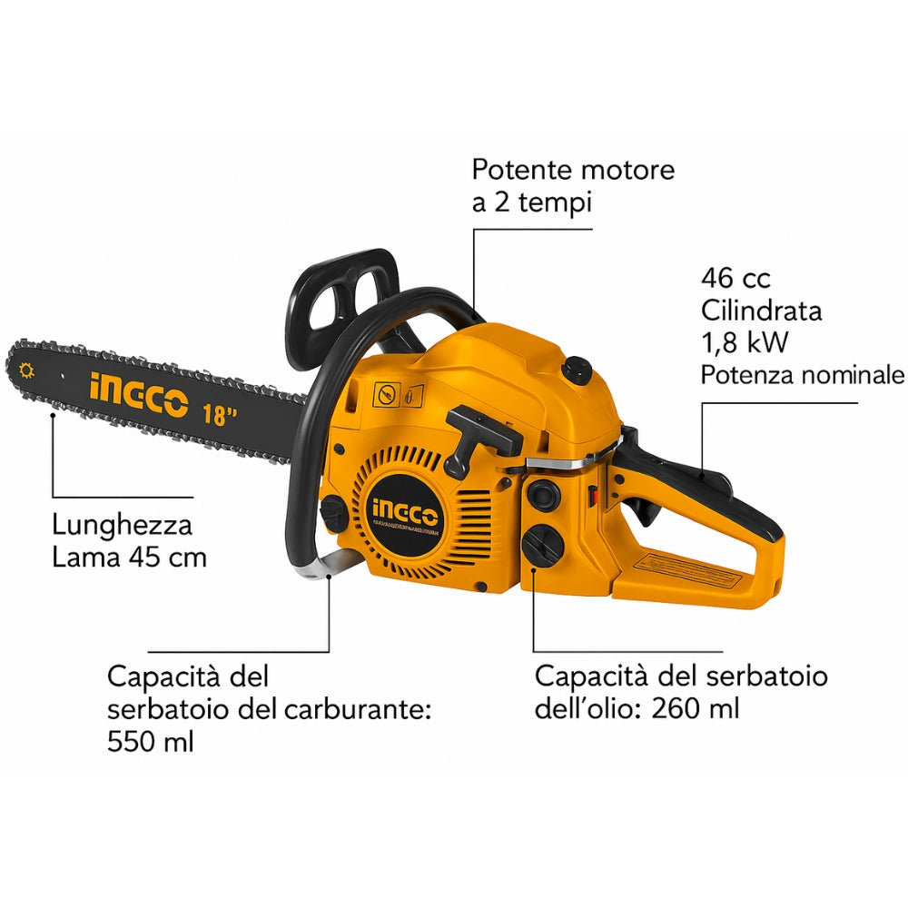 Motosega a scoppio 46 cc lunghezza lama 45cm 18 pollici lavori giardinaggio