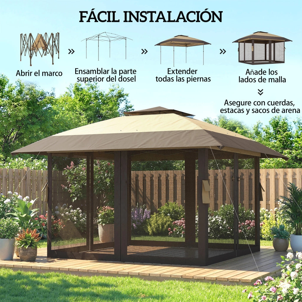 Tenda da Giardino Pieghevole ¨C zephmum ¨C 4x4 m, 4 Laterali, Colore Cachi