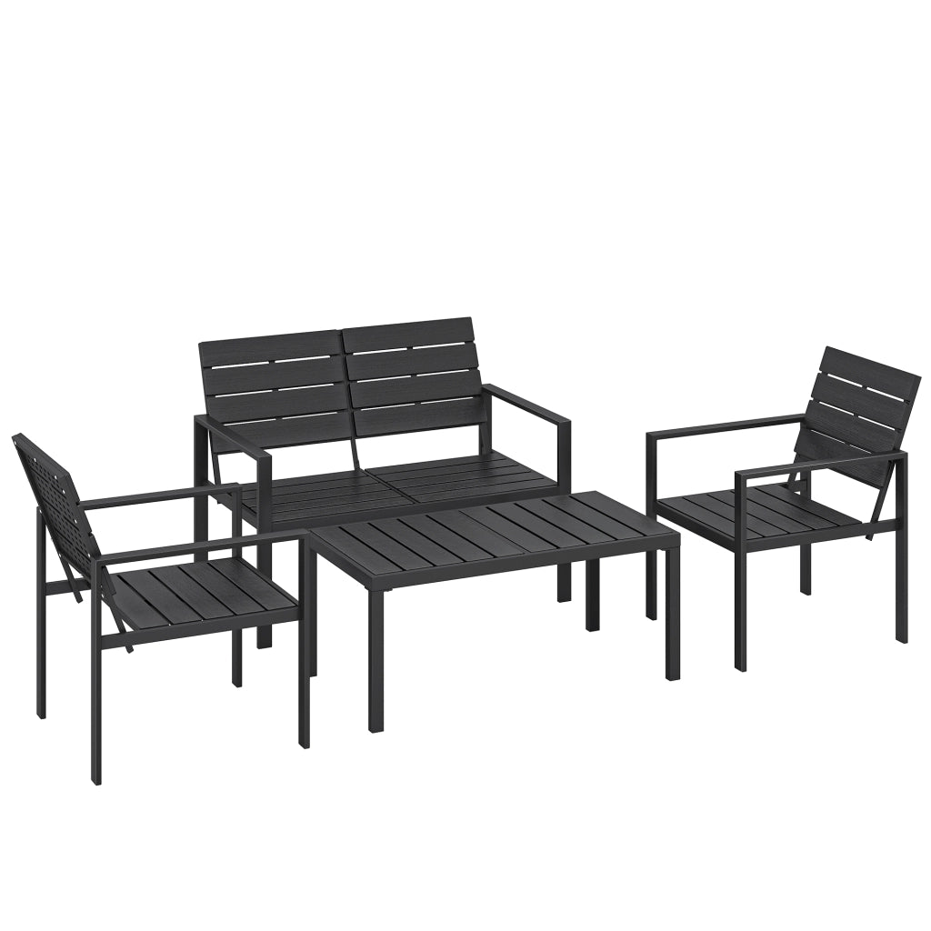 Set 4 Pezzi Salotto da Giardino con Tavolino da Caffè Divanetto 2 Posti e 2 Sedie in HDPE e Metallo Nero