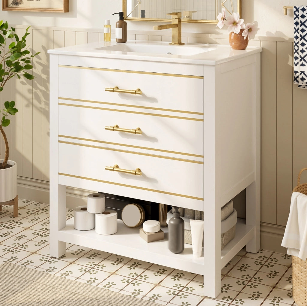Mobile bagno con lavabo in ceramica 76 cm; bianco e oro; in MDF con 2 cassetti e vano aperto