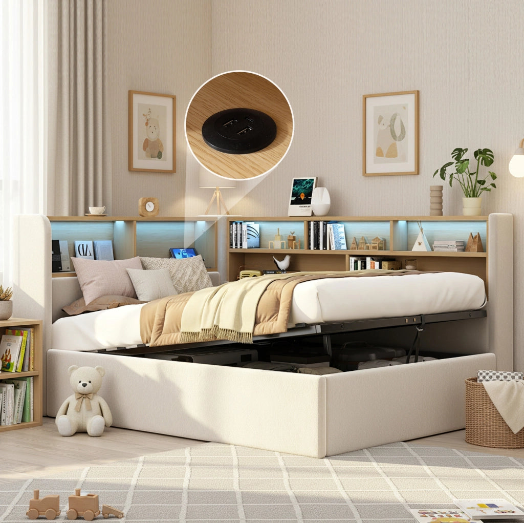 Tagesbett 90x200 cm con contenitore idraulico; LED; USB e USB-C; velluto beige