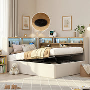 Tagesbett 90x200 cm con contenitore idraulico; LED; USB e USB-C; velluto beige