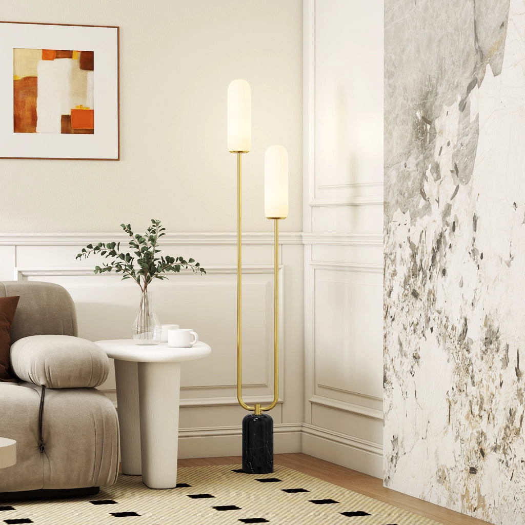 Lampada da terra ¨C Minimal ¨C base in marmo, 2 paralumi in vetro, interruttore a pedale, bianco