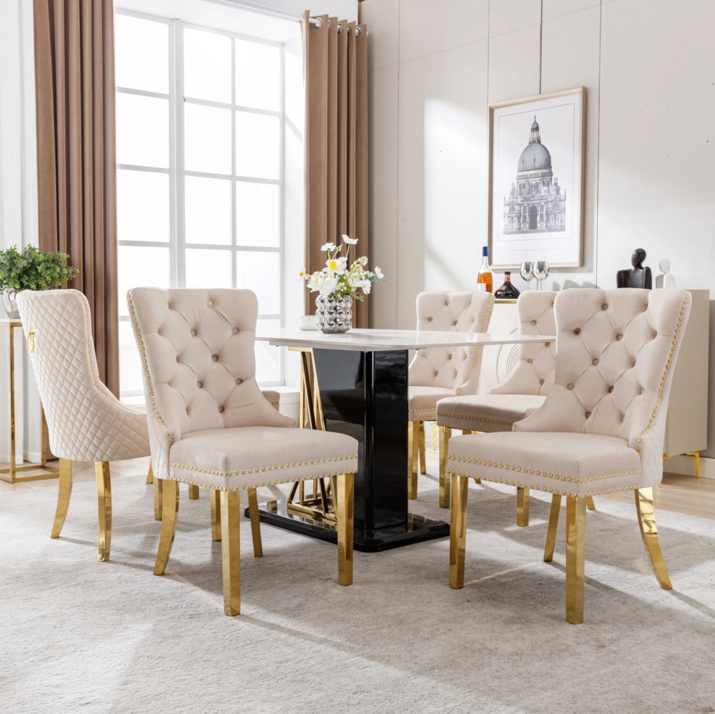 Sedia da pranzo imbottita in velluto beige e metallo dorato