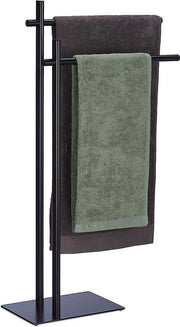 Supporto asciugamani in piedi, supporto asciugamani con 2 braccia, HBT: 87,5 x 51 x 20 cm, acciaio, appendiabiti bagno, nero