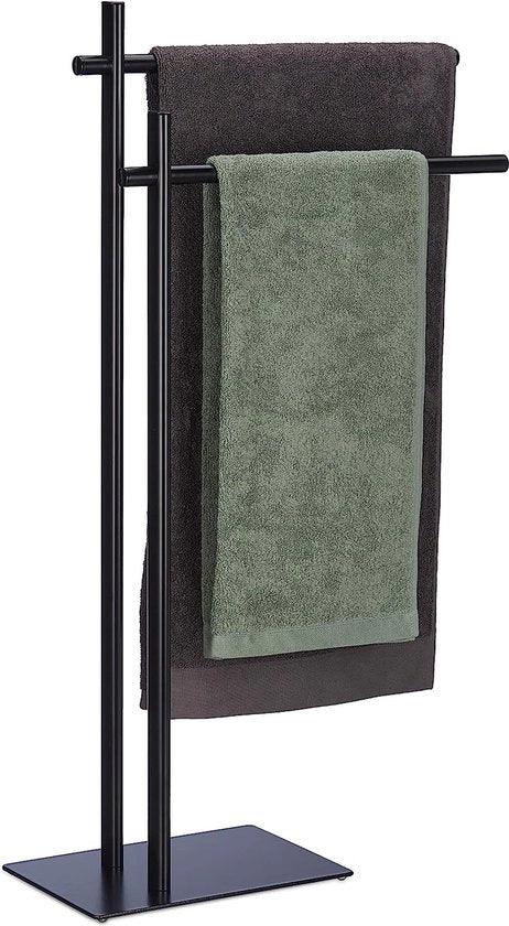 Supporto asciugamani in piedi, supporto asciugamani con 2 braccia, HBT: 87,5 x 51 x 20 cm, acciaio, appendiabiti bagno, nero