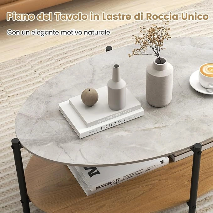 Tavolino da Caffè Ovale a 2 Livelli con Piano in Pietra, Tavolo da Caffè con Struttura in Metallo e Ripiano Aperto, Tavolino per Soggiorno o Sala d'Attesa