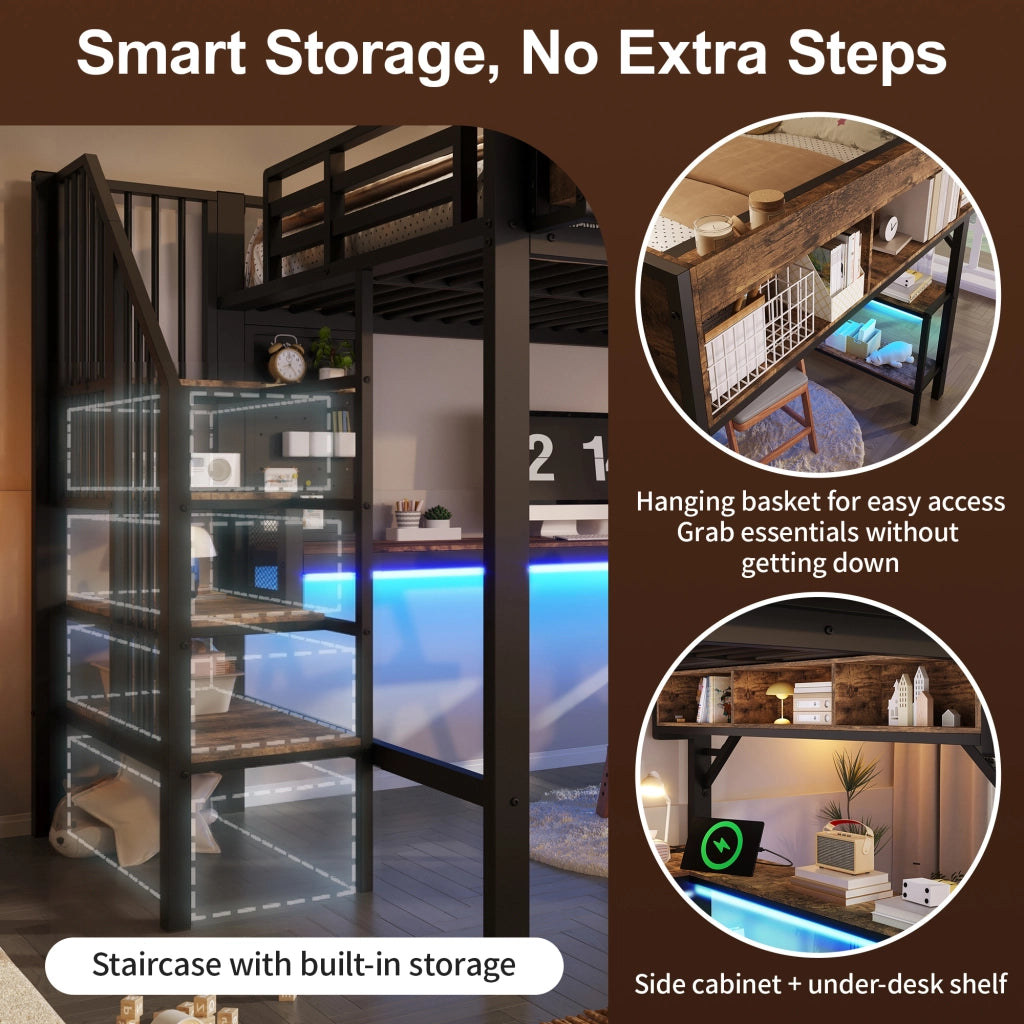 DESMIU Letto a soppalco 140 × 200 cm 2 posti con scrivania ad angolo, LED, USB, Type-C e vani, senza materasso