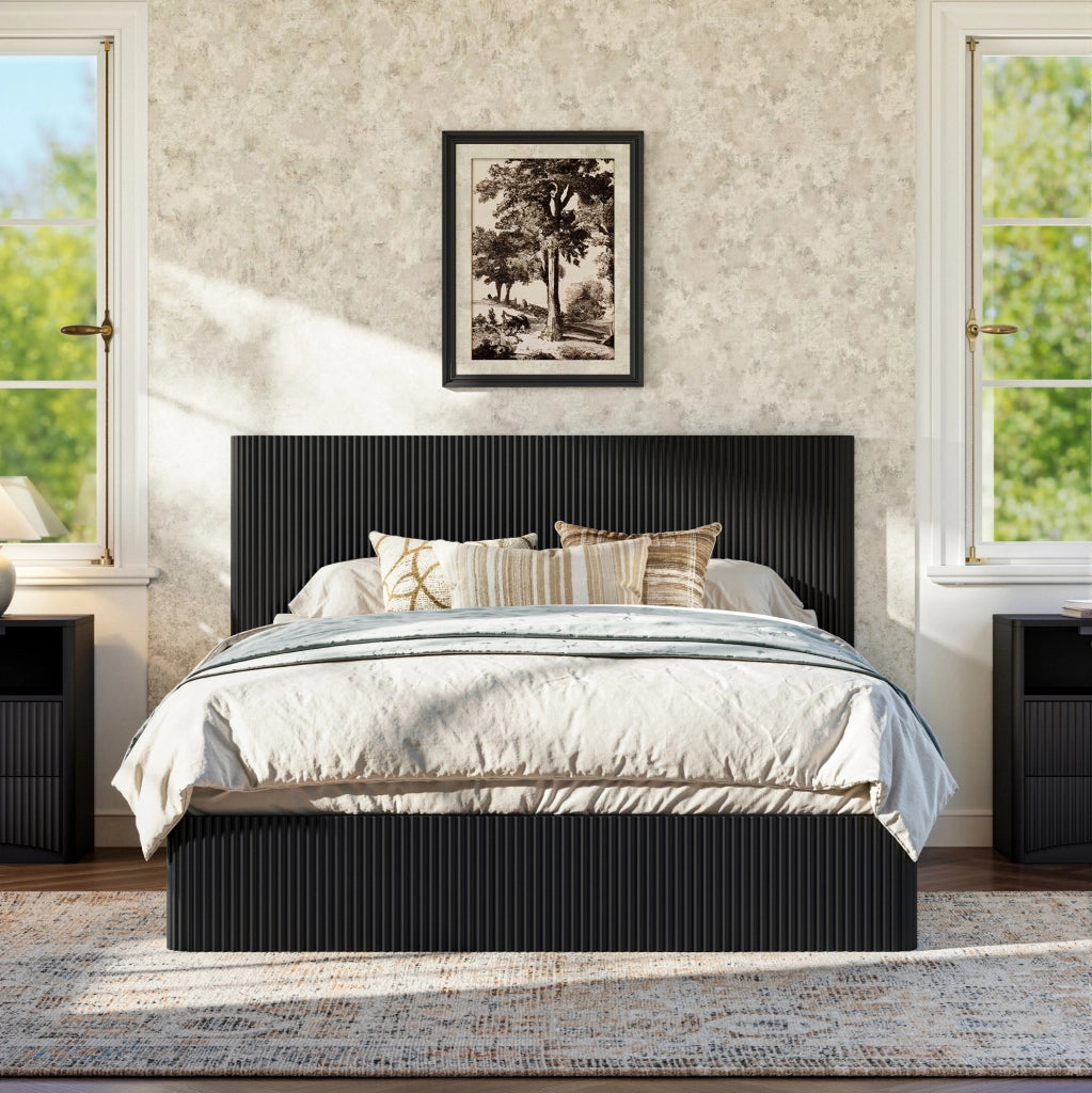 Letto con contenitore 160x200 cm con sollevamento idraulico in MDF e metallo nero