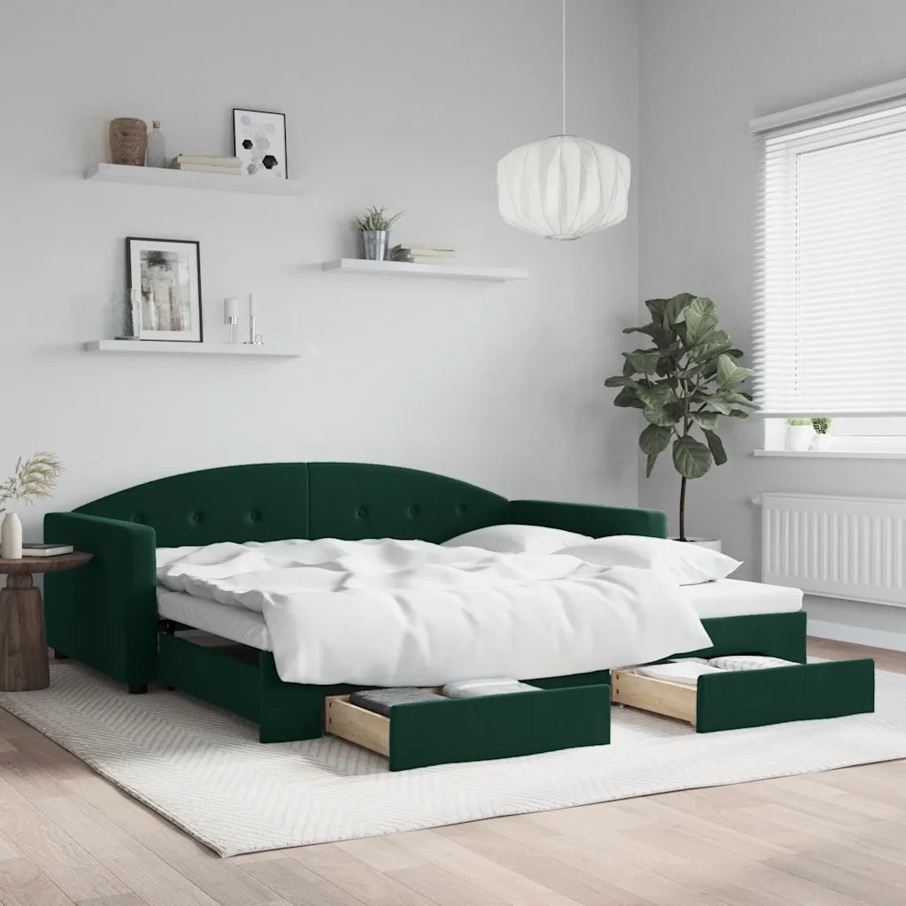 Divano Letto Estraibile Cassetti Verde Scuro 100x200cm Velluto
