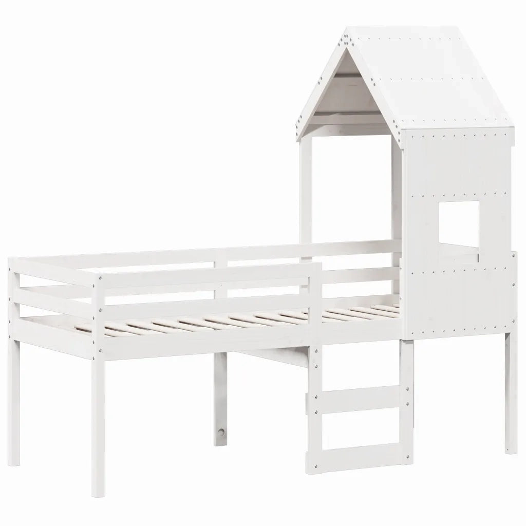 Letto a Soppalco con Tetto Bianco 90x200 cm in Legno di Pino
