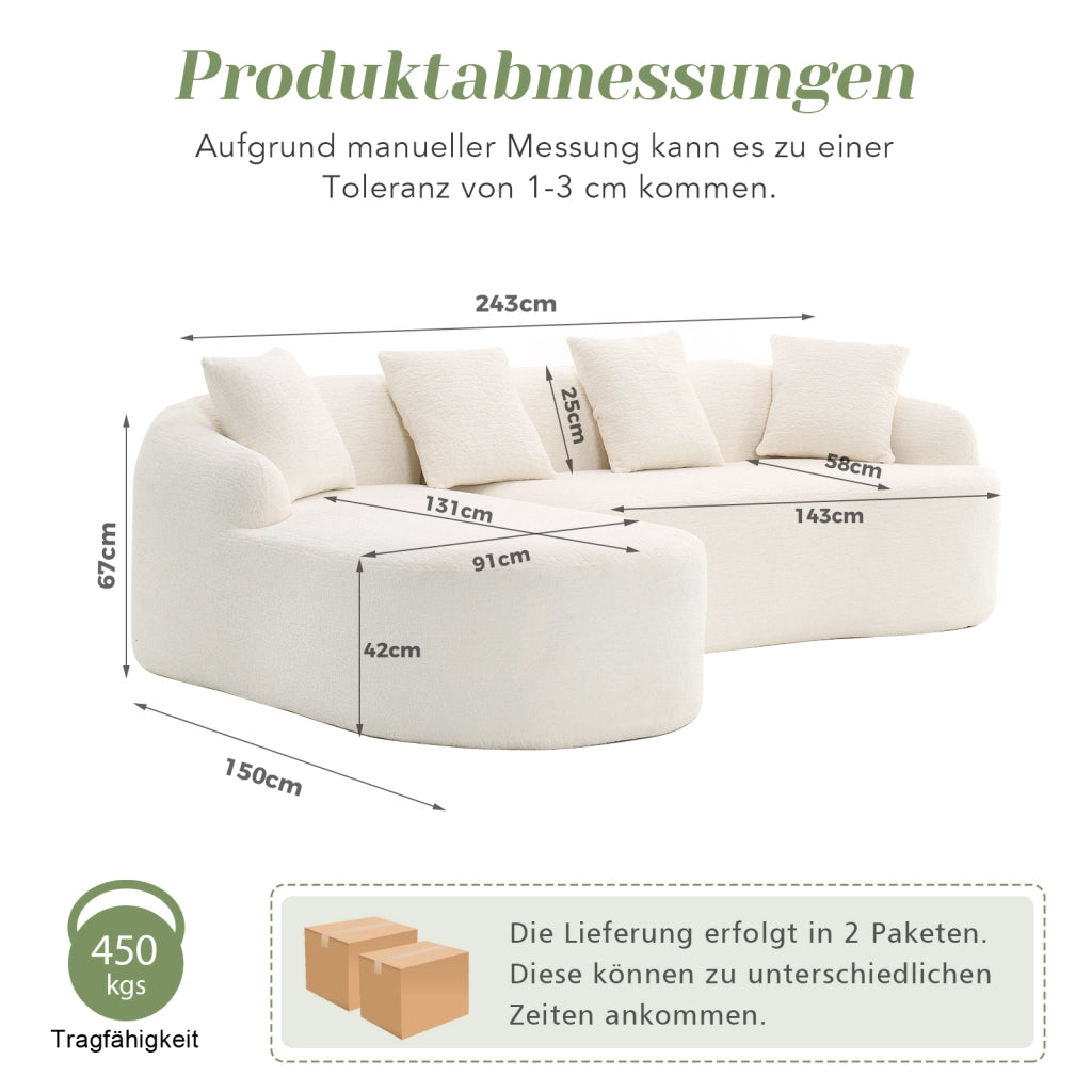 Divano angolare modulare con chaise longue sinistra e montaggio senza attrezzi in chenille bianco
